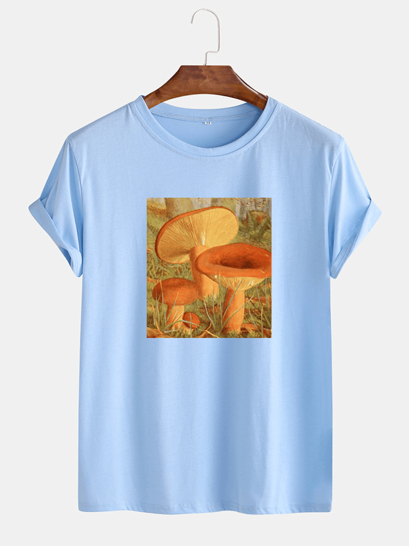 Mens Mushroom Graphic Print Thin O-Neck Short Sleeve T-Shirt