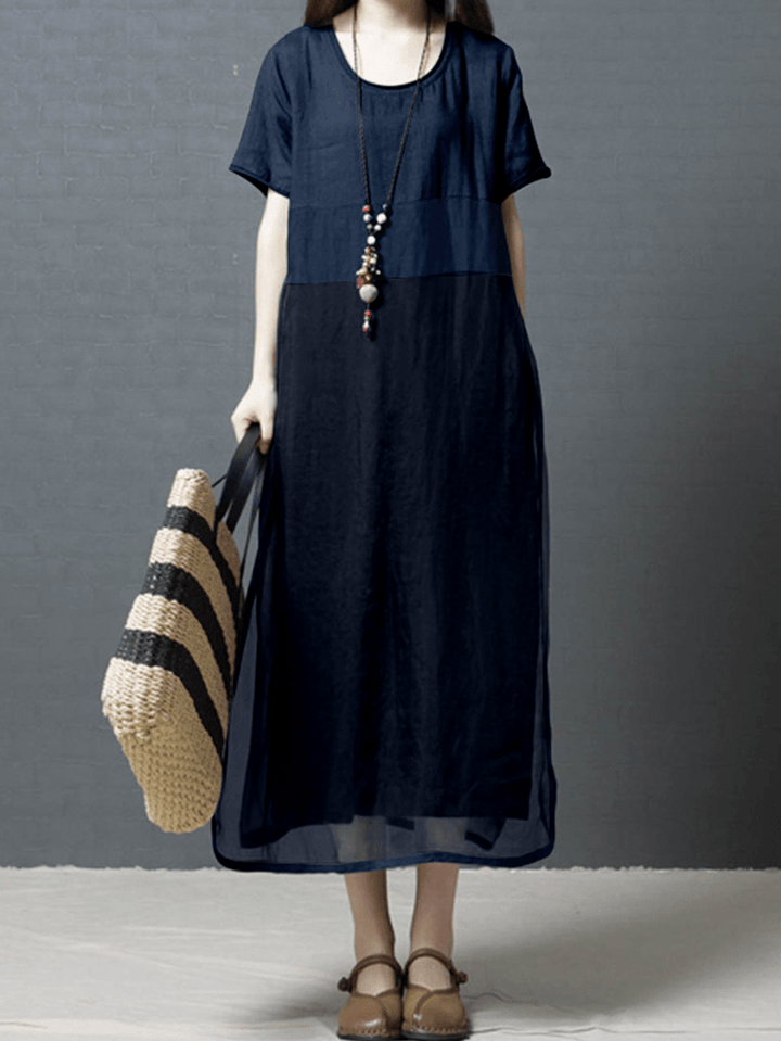 Women Solid Color Patchwork round Neck Cotton Midi Dress with Pocket - MRSLM