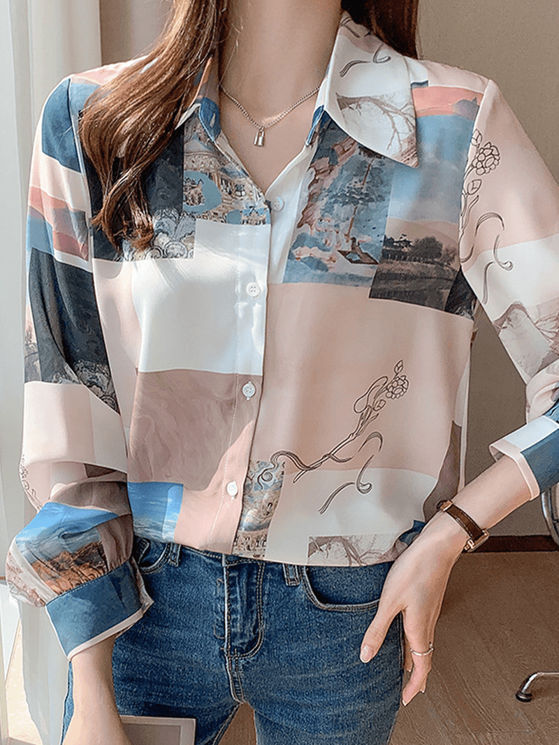 Women Block Landscape Print Long Sleeve Lapel Casual Blouse