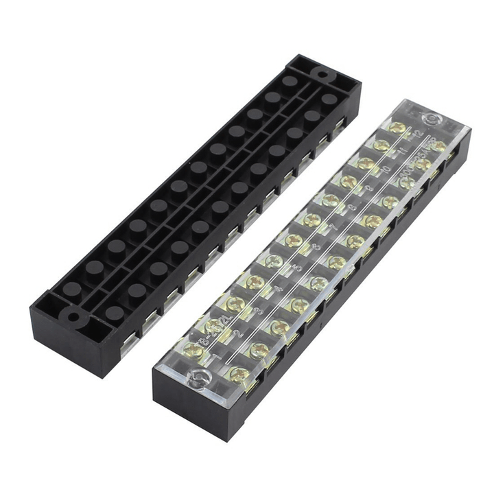 TB-2512 600V 25A 12 Position Terminal Block Barrier Strip Dual Row Screw Block Covered W/ Removable Clear Plastic Insulating Cover