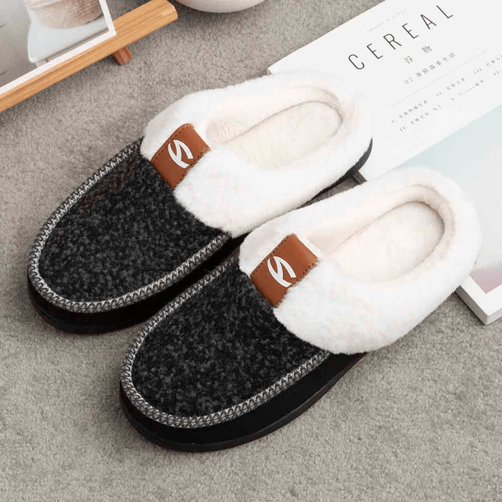 Men Lamb Wool Soft Sole Non-Slip plus Velvet Thicken Winter Warm Home Cotton Slippers