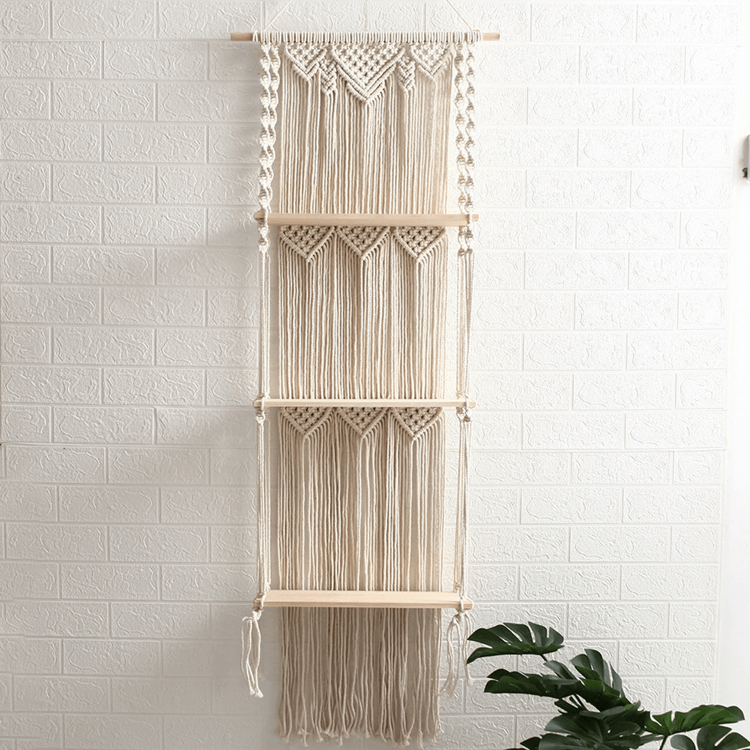 3-Tier Bohemia Macrame Woven Wood Mount Shelf Tapestry Tassel Wall Hanging Bookshelf for Home Decor