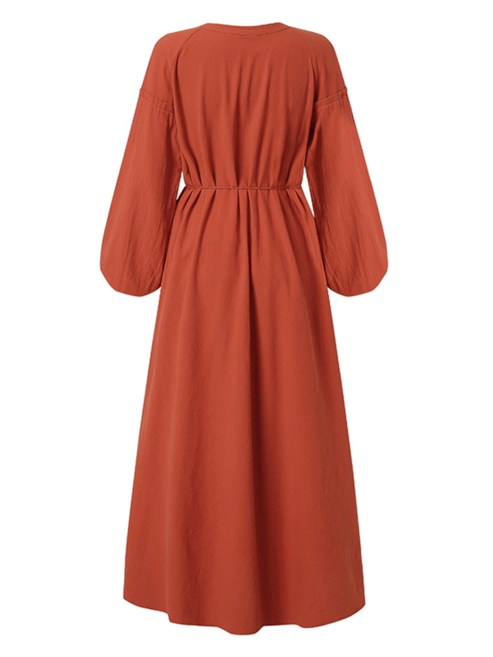 Solid Color O-Neck Puff Sleeves Lace up Split Hem Button Belted Casual Maxi Dress