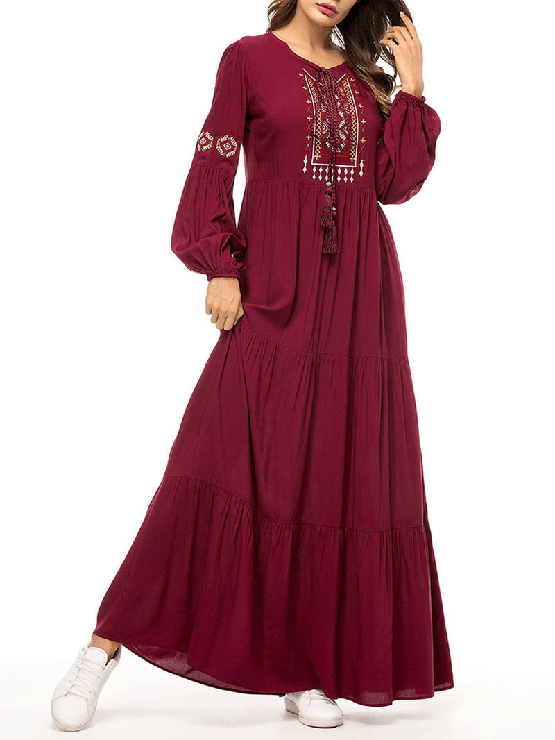 Women Pleated Robe Long Sleeve Maxi Dress