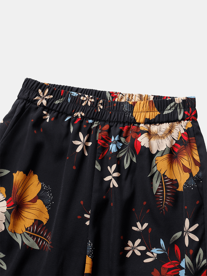 Women Floral Print Bohemian Tie Cuff Pants with Pocket