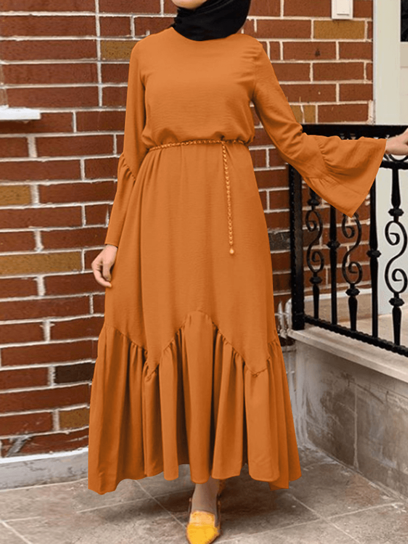 Women Solid Color Ruffle Long Sleeve Simple Kaftan Maxi Dresses - MRSLM