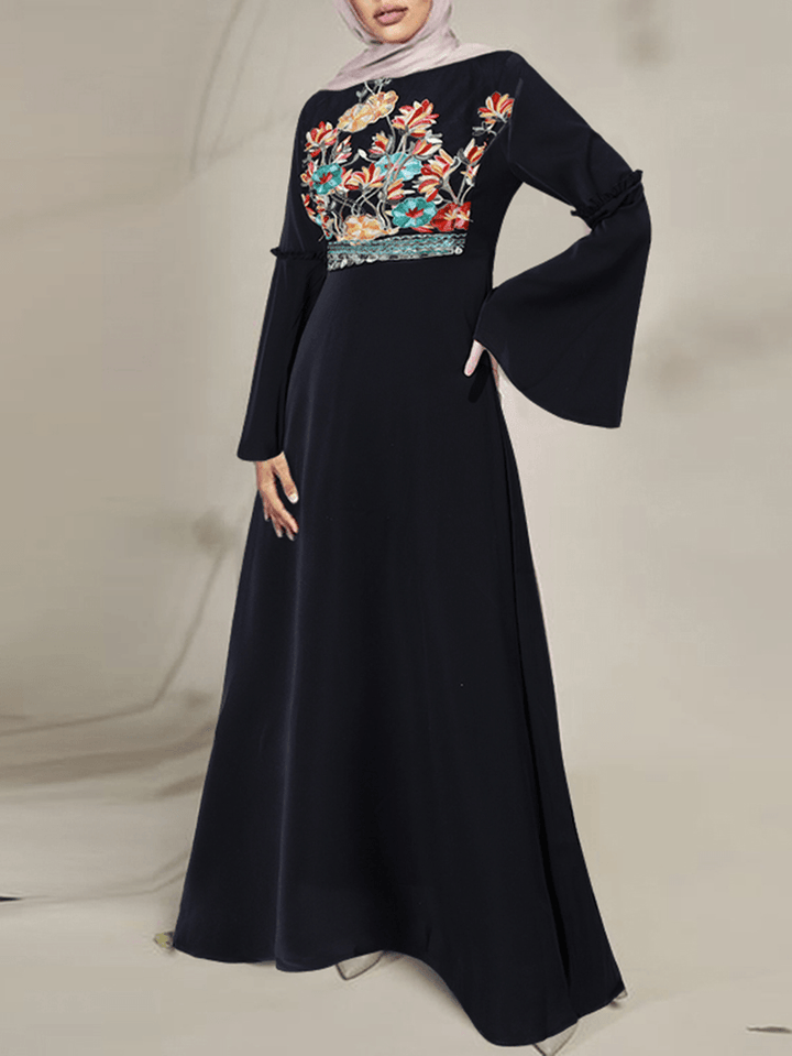 Floral Embroidery Lace Patchwork Flare Sleeve Back Zipper Bohemian Maxi Dress for Women