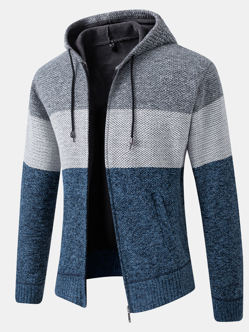 Mens Colorblock Wool Knitting Thick Warm Long Sleeve Hoodie Jacket