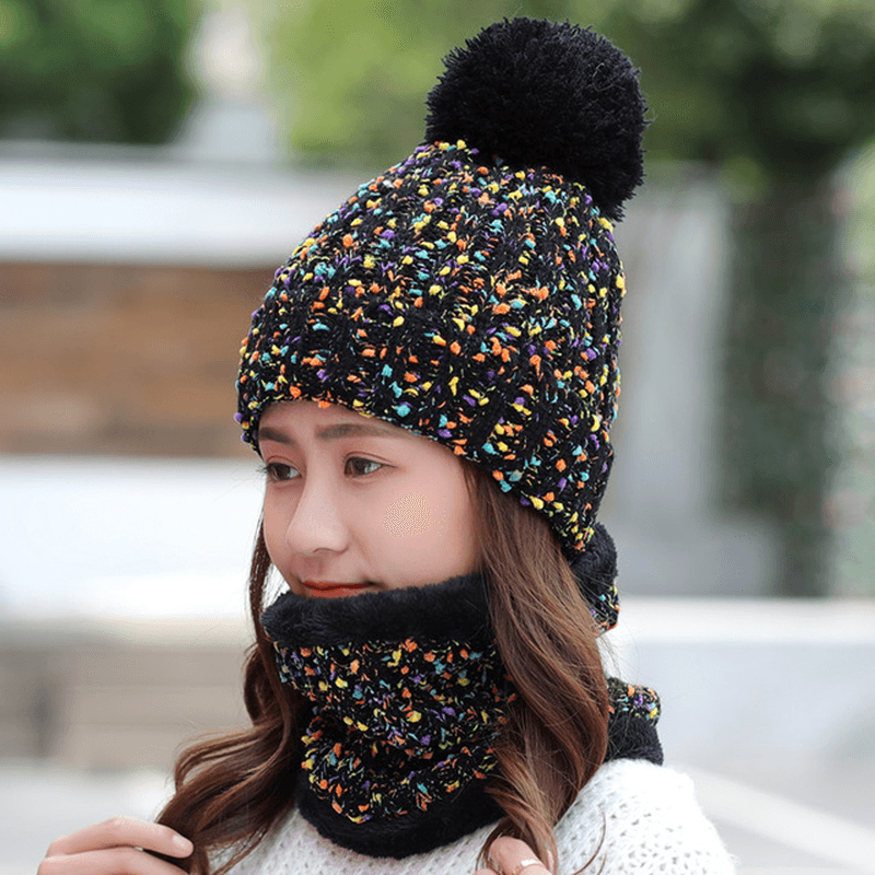 Thick Warm Wool Cap Bib Two-Piece Set Beanie Warm Winter Pom Cap