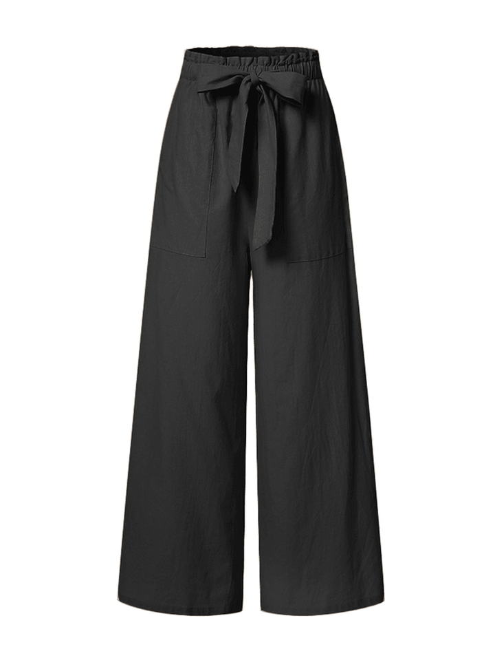 Women Cotton High Drawstring Elastic Waist Loose Solid Wide Leg Pants