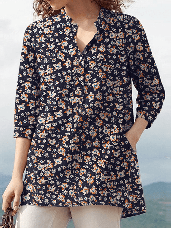 Women 100% Cotton Floral Leisure Bohemian Retro Style V-Neck Side Pockets Blouse - MRSLM