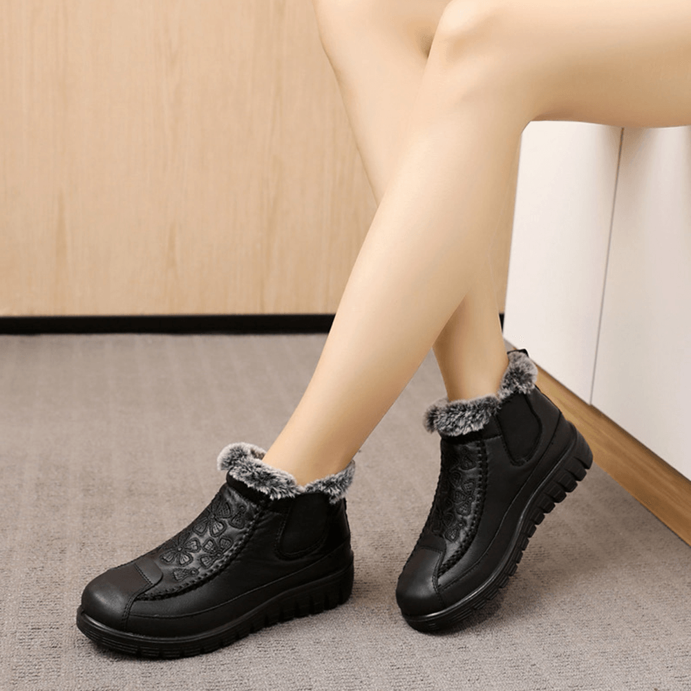 Women Comfy Floral Embroidered Waterproof Warm Lining Cotton Snow Boots