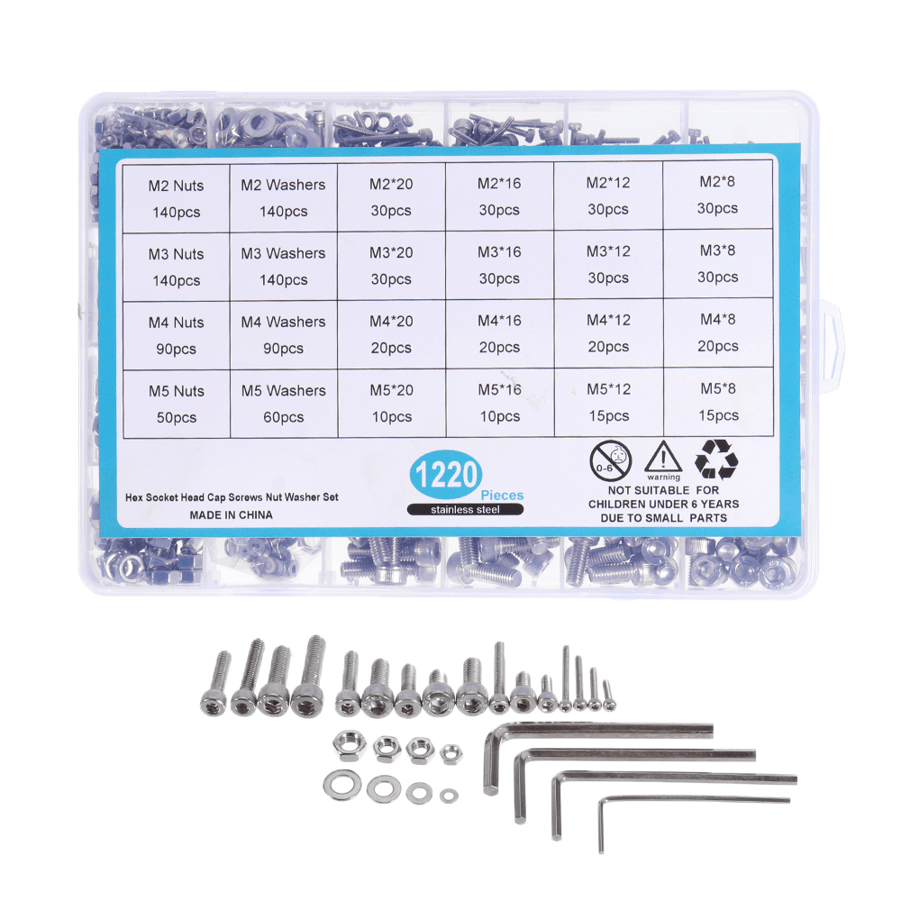 Suleve MXSH7 1220Pcs Stainless Steel Hex Socket Cap Head Screws Bolt Nuts Washers Assortment Kit M2 M3 M4 M5