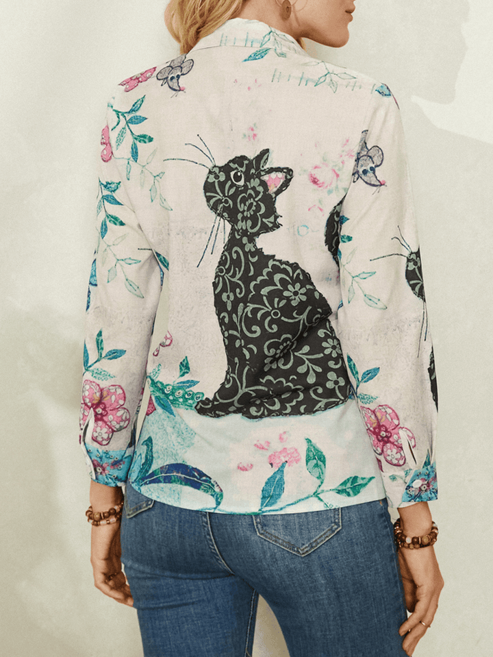 Women Cute Cat Print Long Sleeve Lapel Casual Shirt