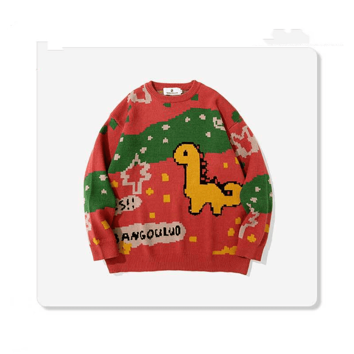 Men'S round Neck Dinosaur Print All-Match Casual Loose Sweater