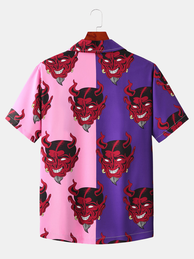 Mens Patchwork Devil Print Revere Collar Short Sleeve Designer Shirts