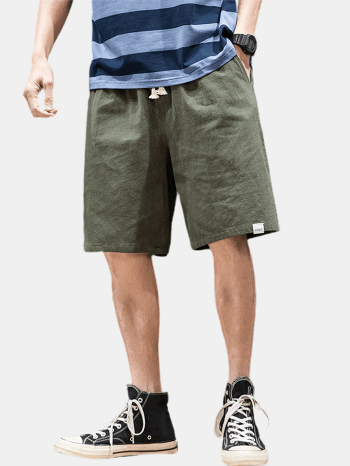 Mens Casual Flax Breathable Drawstring Solid Color Shorts