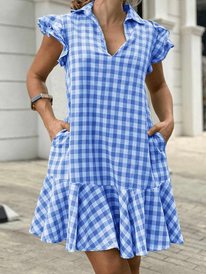 Lapel Plaid Ruffles Side Pocket Summer Dress for Women