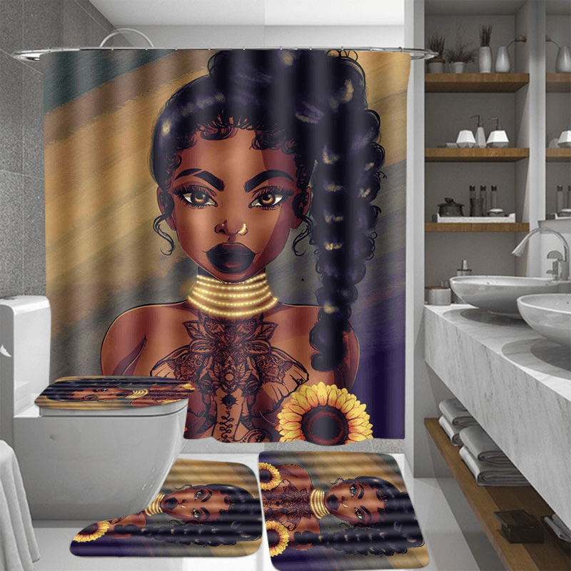 African Black Woman Girl Bathroom Shower Curtain Toilet Cover Pedestal Decor Set