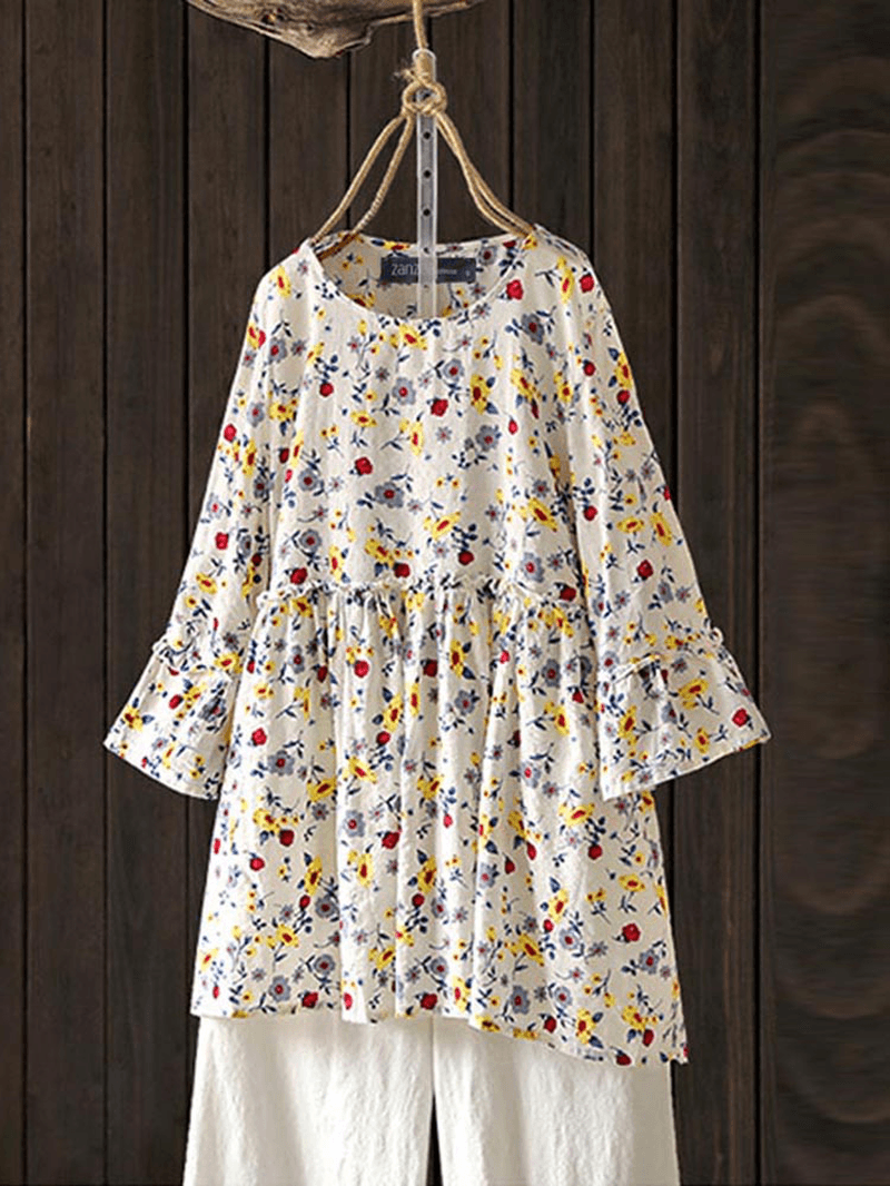 Women Casual Floral Printed O-Neck 3/4 Flare Sleeve Blouse