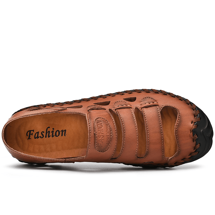 Men Cowhide Breathable Hollow Out Hand Stitching Soft Bottom Slip on Casual Outdoor Sandals