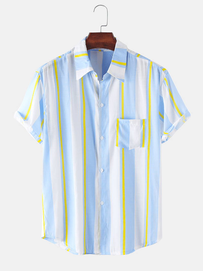 Mens Thin & Light Cotton Stripe Print Holiday Short Sleeve Shirts