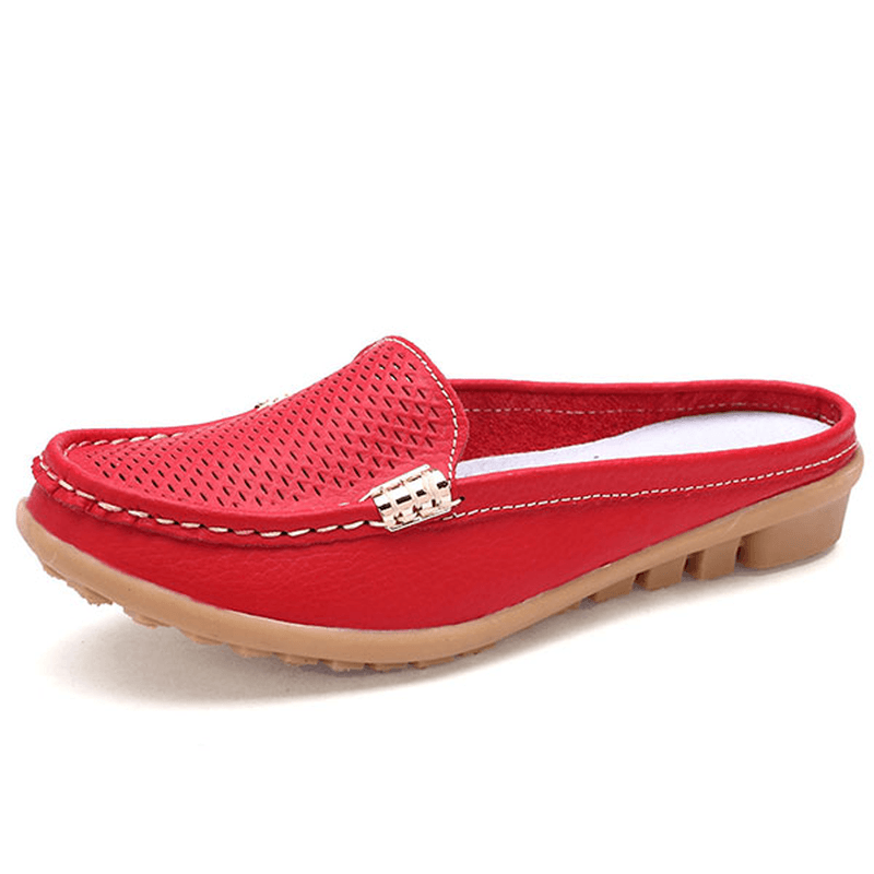 US Size 5-10 New Women Casual Fashion Breathable round Toe Slip-On Leather Flat Sandals Shoes - MRSLM