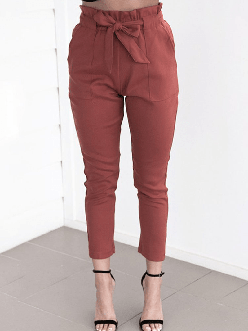 Solid Color Ruffle Knotted Pocket Casual Cropped Pants for Women