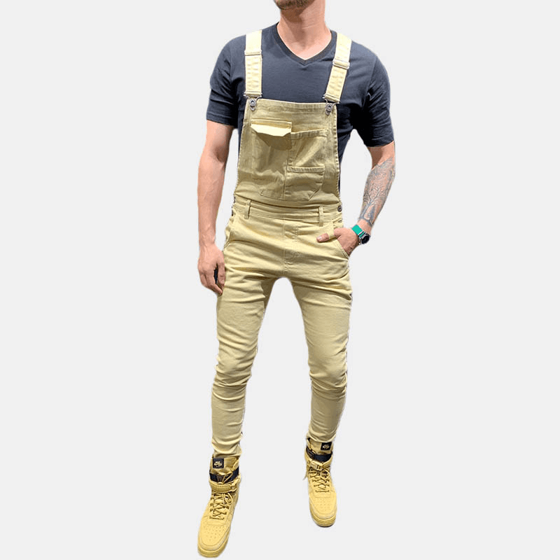 Men Solid Color Big Pocket Retro Denim Pants Jumpsuit