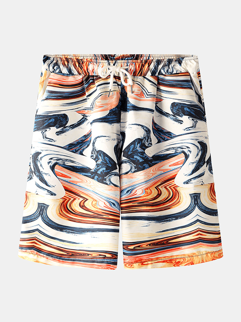 Mens Designer Colorful Print Pocket Drawstring Casual Beach Shorts