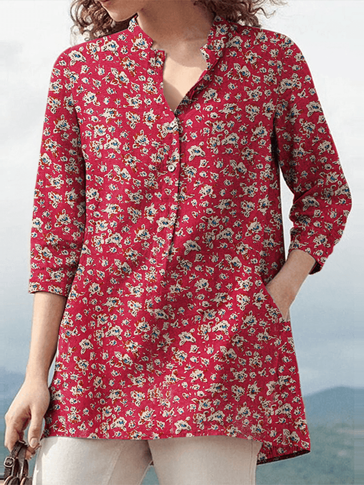 Women 100% Cotton Floral Leisure Bohemian Retro Style V-Neck Side Pockets Blouse - MRSLM