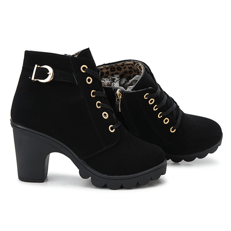 Round Toe Thick High Heel Lace-Up Side Zipper Women Boots