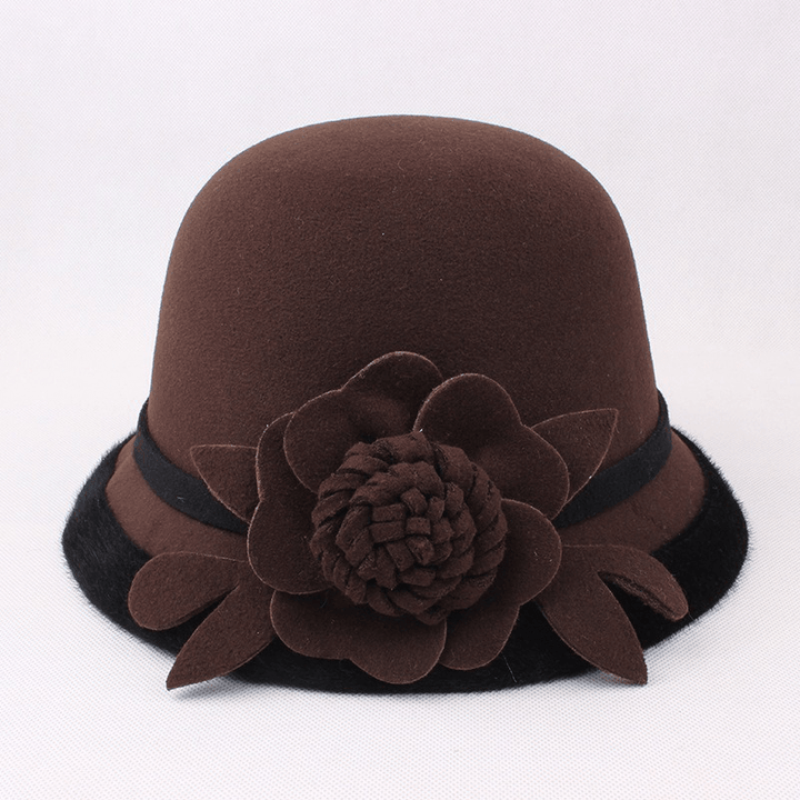 Women Warm Woolen Bowler Hat Flower Ethnic Bucket Hat