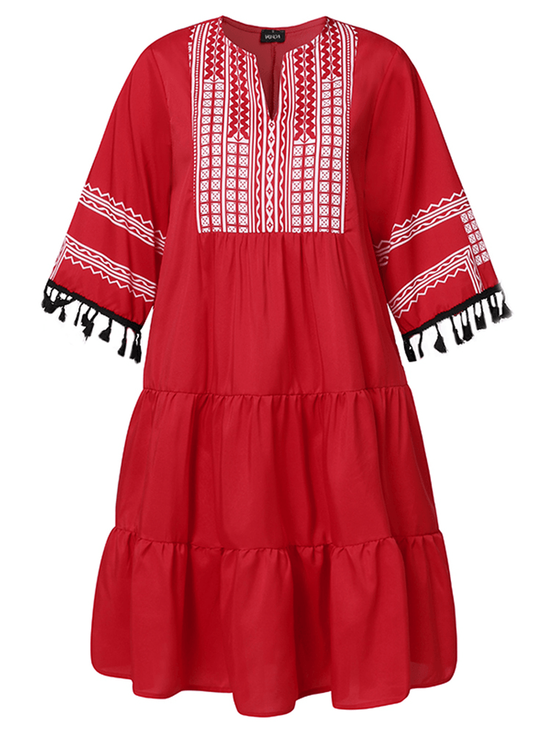 Bohemian Print Tassel Patchwork Loose O-Neck Casual Dress