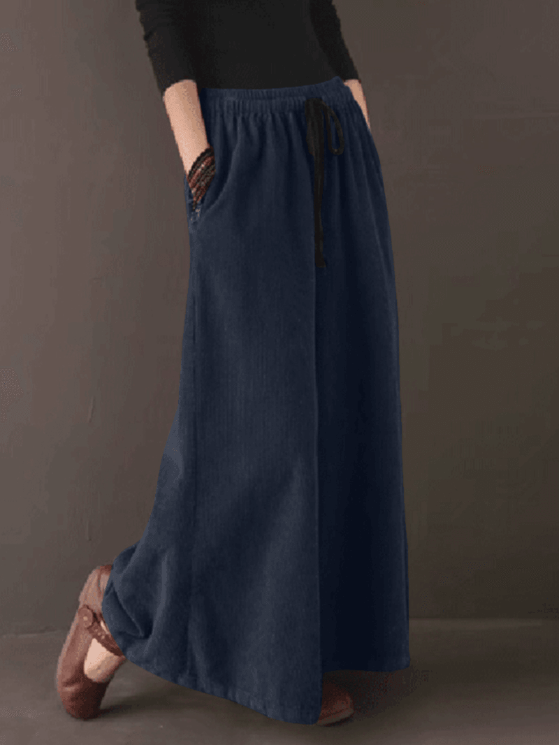 Women Retro Corduroy Solid Casual Drawstring Elastic Waist Wide Leg Pants with Pocket