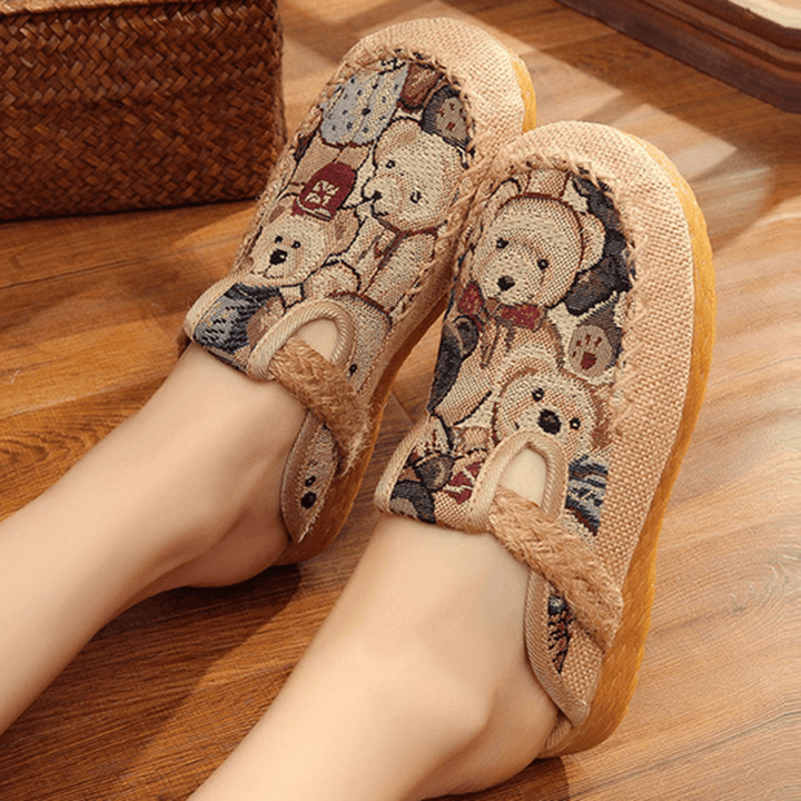 Women Flats Cartoon Flax Outdoor Embroidery Slipper