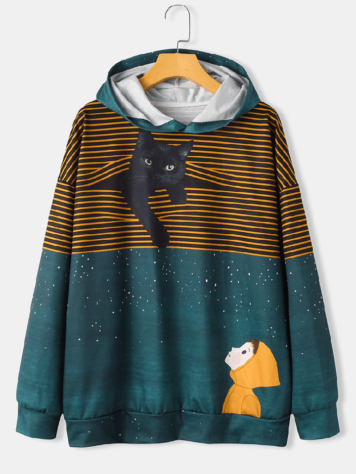 Women Cute Cat & Girl Print Stripe Long Sleeve Cartoon Hoodies