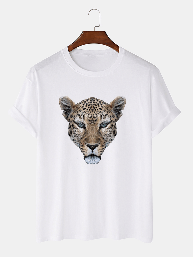 Mens 100% Cotton Leopard Head Print Crew Neck Short Sleeve T-Shirts