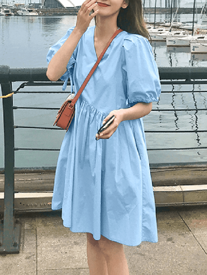 Women Solid Color Puff Sleeve V-Neck Pleats Plain Daily Casual Midi Dress