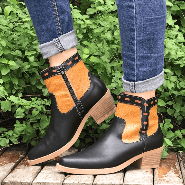 LOSTISY Women Splicing Chunky Heel Casual Ankle Boots