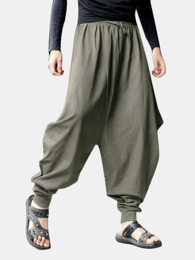 Mens Casual Cotton Linen Solid Color Baggy Loose Harem Pants