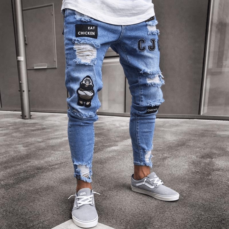 White High-End Denim Men'S Trousers Cross-Border Foreign Trade Hole Trend Black Slim Jeans Men