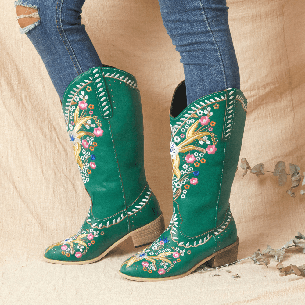 Women Leather Retro Floral Printing Wearable Comfy Slip on Chunky Heel Mid-Calf Cowboy Boots