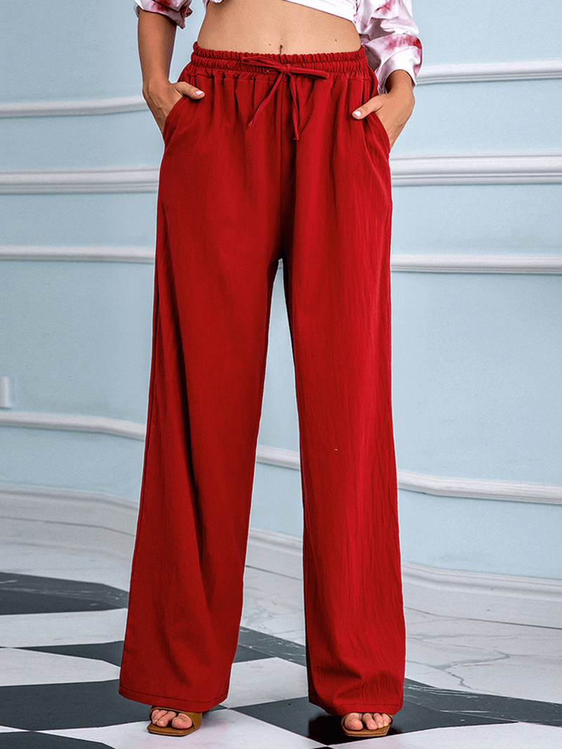 Women Loose Casual Solid Color Drawstring Mid Waist Straight Pants