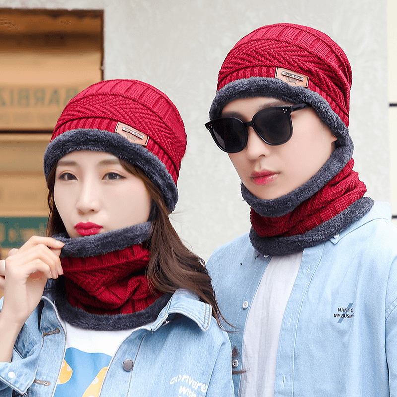 Warm and Thick Knitted and Velvet Autumn and Winter Cotton Hat Cold-Proof Scarf