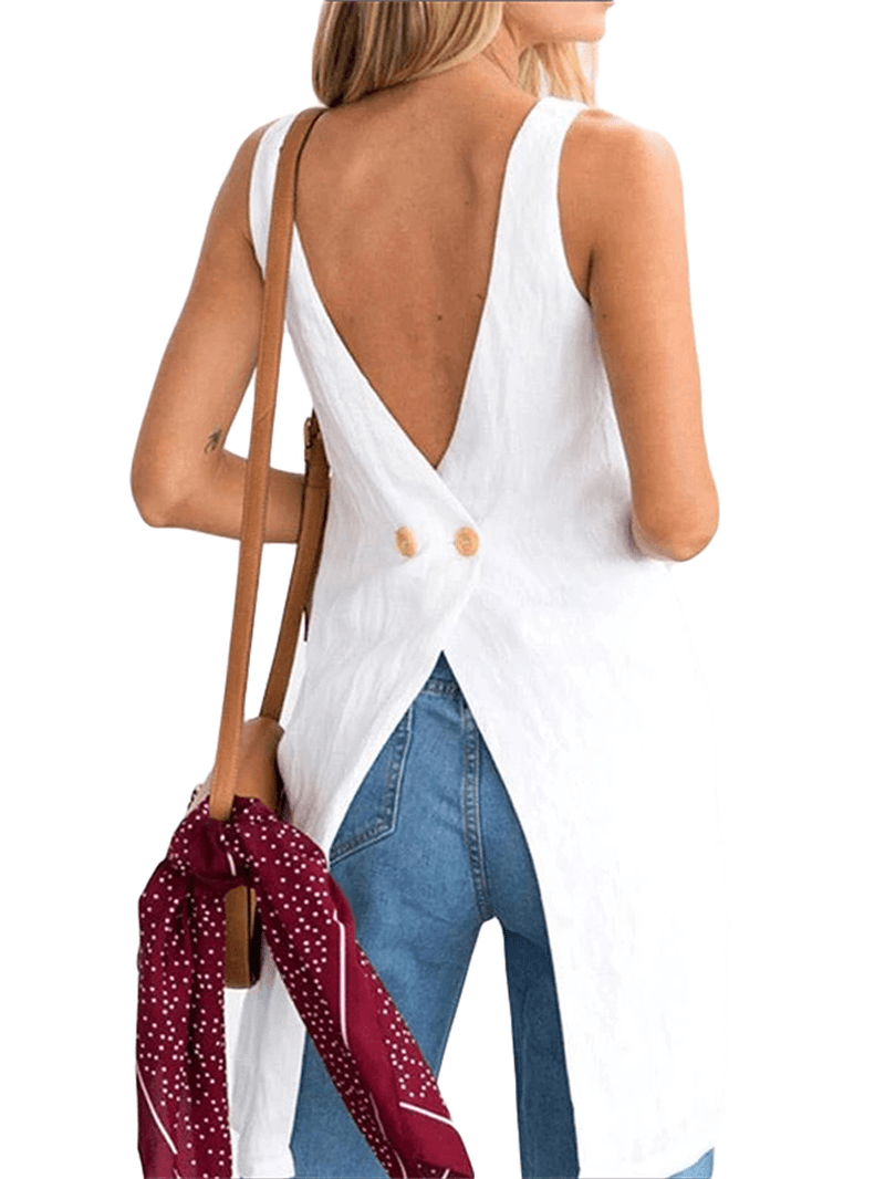 Solid Color Cotton Cross Back V-Neck Irregular Hem Sleeveless Blouse