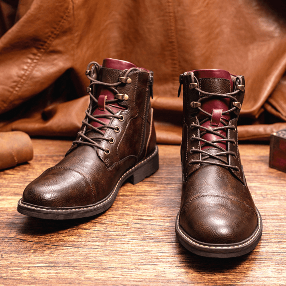 Men Leather Breathable Soft Sole Vintage Pointy Toe Zipper Casual Martin Boots