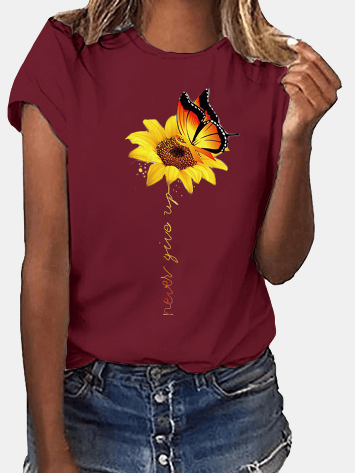 Sunflower and Butterfly Print Crew Neck Short Sleeves Casual Tee