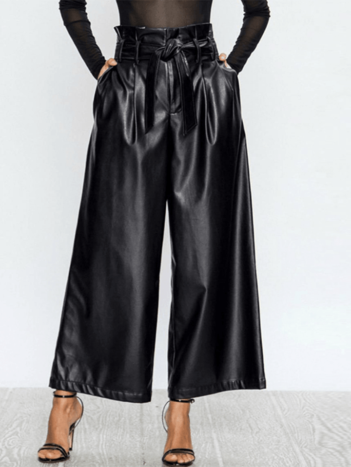 Women Causal High Waist Belted Wide Leg Pocket Pants