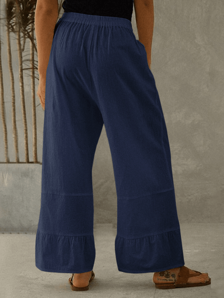 Women Cotton Plain Ruffle Cuff Elastic Waist Loose Casual Solid Wide Leg Pants